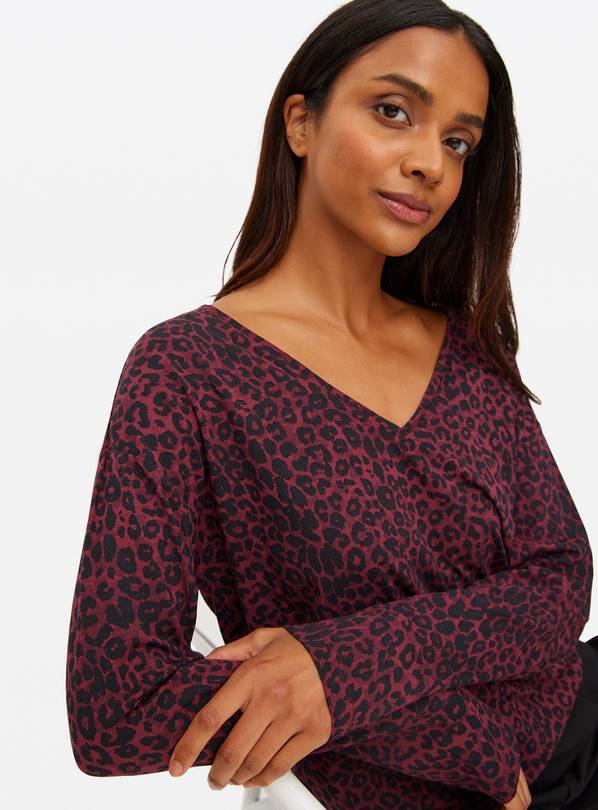 Burgundy Animal Print V Neck Relaxed Top S